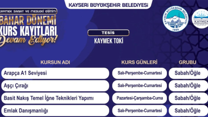 KAYMEK Sanat ve Mesleki Eğitim Bahar Dönemi Kurs Kayıtları Sürüyor